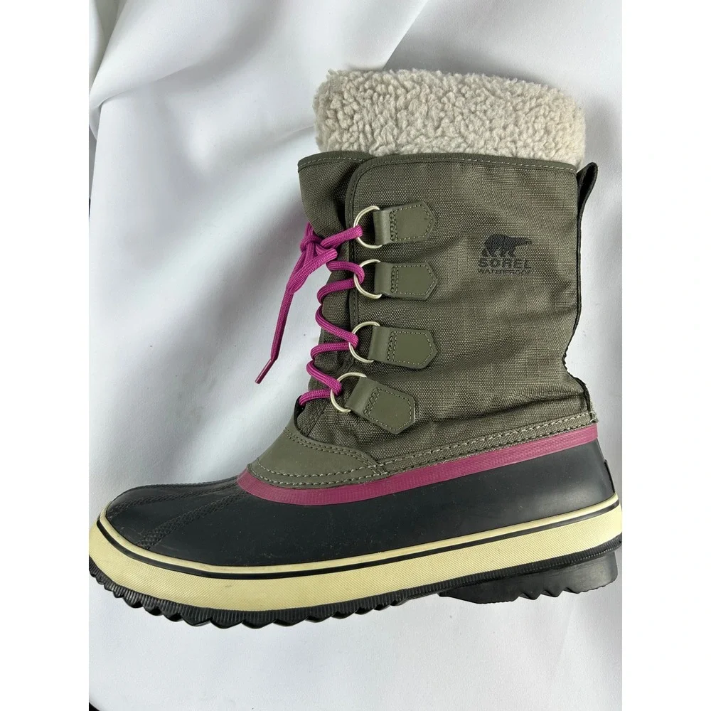 Sorel 1964 Pac 2 Waterproof Winter Boots Olive Green Pink Sherpa Trim Size 11 - Picture 5 of 11